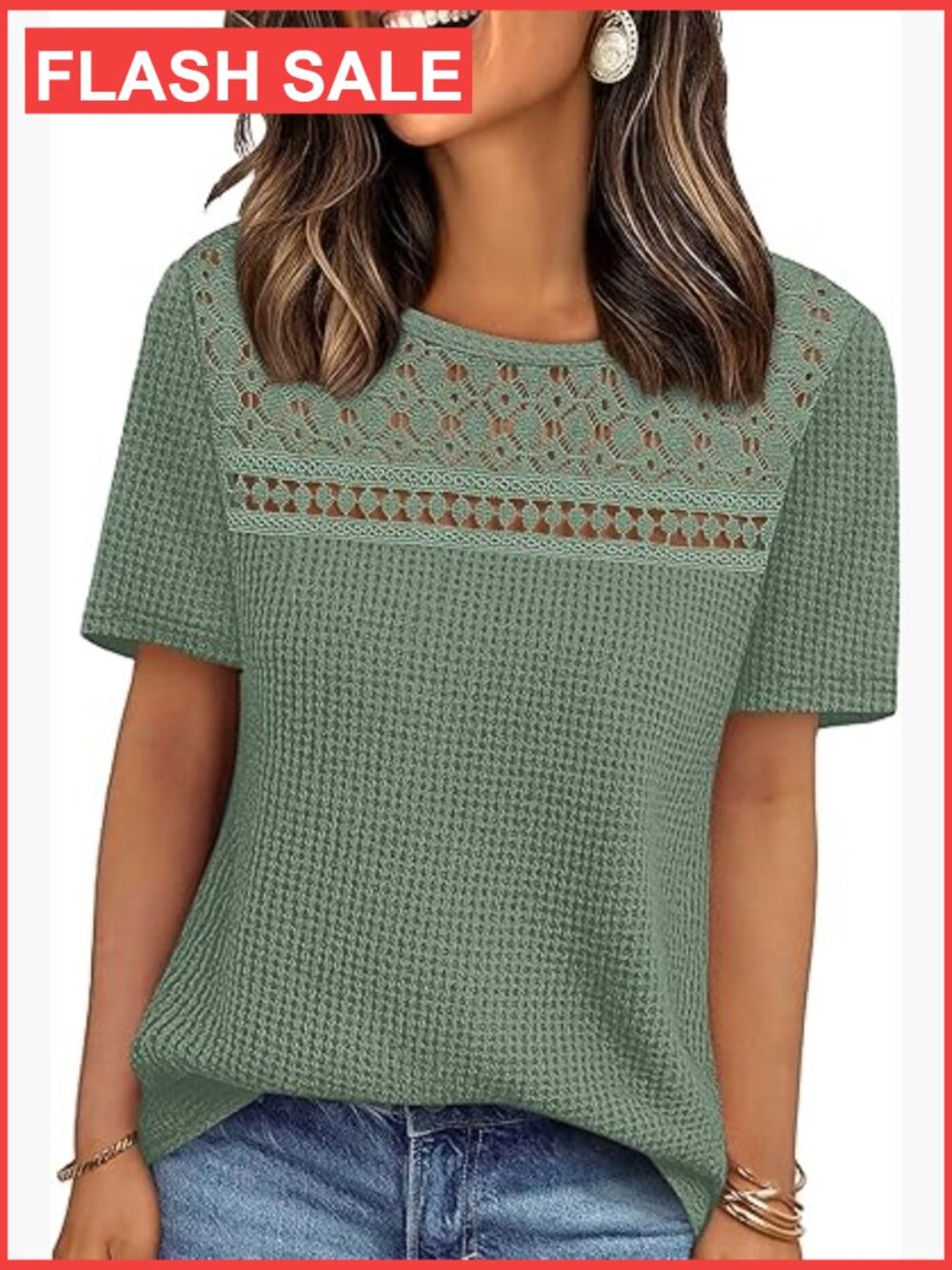 Womens Dressy Casual Short Sleeve Blouse Boho Crochet Lace Waffle Knit Pullover